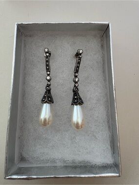 Pearl and Marcasite Drop Earrings in Silver Tone
